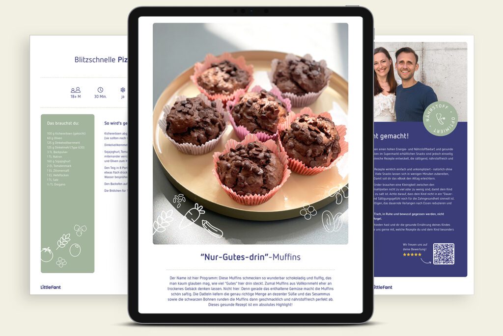 Grafik des eBooks Kindersnacks für jeden Tag mit gesunden Schokomuffins im Vordergrund und Rezeptseiten im Hintergrund.