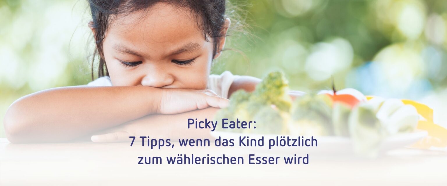 Mädchen lehnt mit verschränkten Armen Gemüse wie Brokkoli ab – Blogartikel: Picky Eater, 7 Tipps bei wählerischem Essverhalten.